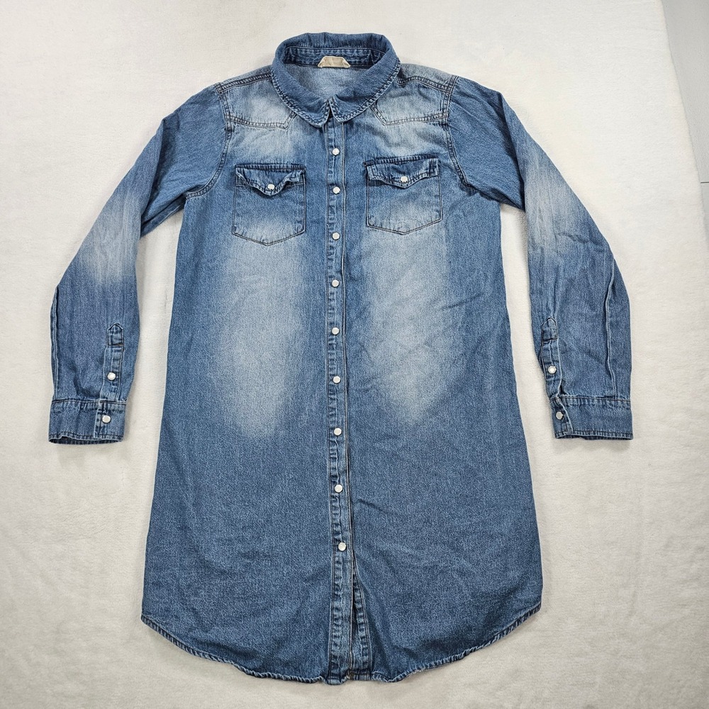 Saints & Hearts Blue Denim Shirt Dress Long Sleeve Cotton Snap Front SID2566A L